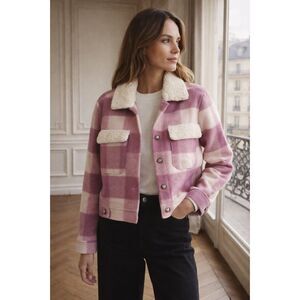 Umgee Pink Plaid Sherpa Collar Shacket Jacket Women’s Medium Cozy Cottagecore